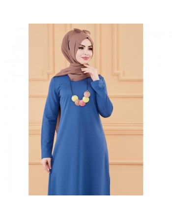 Tunique longue avec collier offert (Vetement hijab femme chic) - Couleur bleu indigo 