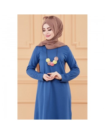 Tunique longue avec collier offert (Vetement hijab femme chic) - Couleur bleu indigo 