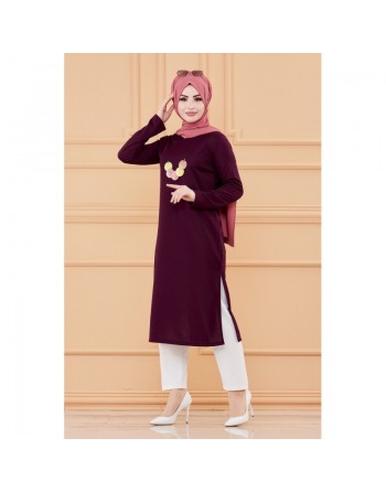 Tunique longue avec collier offert (Vetement hijab pour femme voilée) - Couleur prune 