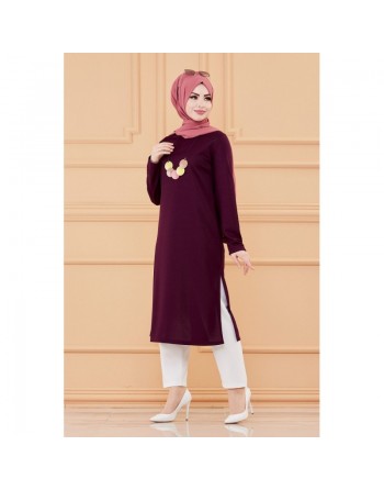 Tunique longue avec collier offert (Vetement hijab pour femme voilée) - Couleur prune 
