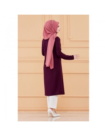 Tunique longue avec collier offert (Vetement hijab pour femme voilée) - Couleur prune 