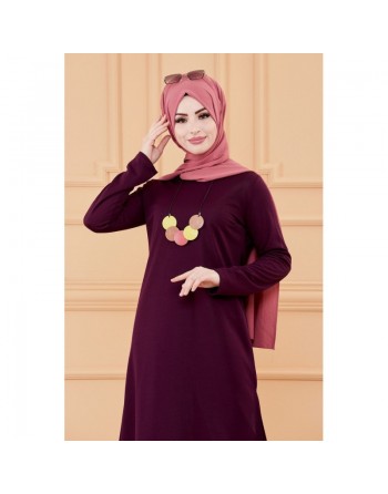 Tunique longue avec collier offert (Vetement hijab pour femme voilée) - Couleur prune 