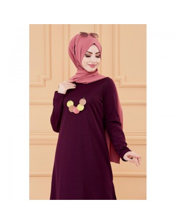 Tunique longue avec collier offert (Vetement hijab pour femme voilée) - Couleur prune 