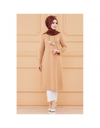 Tunique longue avec collier offert (Vêtement hijab pour femme voilée - Grandes tailles) - Couleur beige 