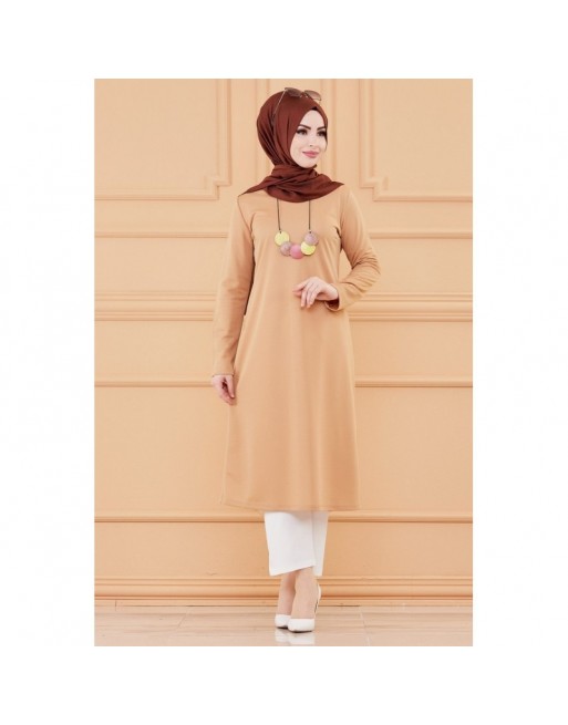Tunique longue avec collier offert (Vêtement hijab pour femme voilée - Grandes tailles) - Couleur beige Tunique longue avec collier offert (Vêtement hijab pour femme voilée - Grandes tailles) - Couleur beige
