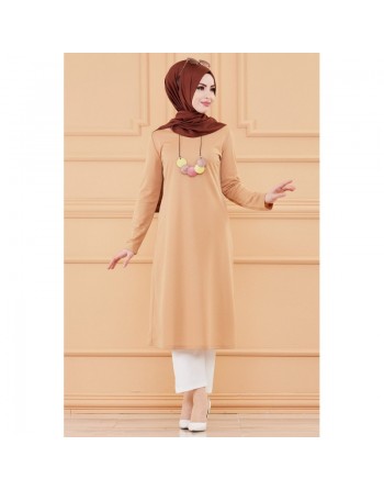 Tunique longue avec collier offert (Vêtement hijab pour femme voilée - Grandes tailles) - Couleur beige 