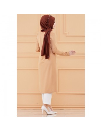 Tunique longue avec collier offert (Vêtement hijab pour femme voilée - Grandes tailles) - Couleur beige 