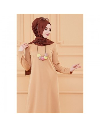 Tunique longue avec collier offert (Vêtement hijab pour femme voilée - Grandes tailles) - Couleur beige 
