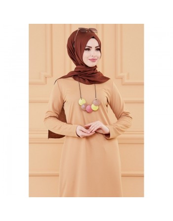 Tunique longue avec collier offert (Vêtement hijab pour femme voilée - Grandes tailles) - Couleur beige 