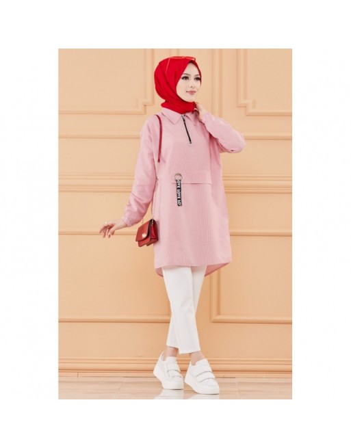 Tunique style moderne pour femme (Vêtement hijab en ligne) - Rayures couleur rouge Tunique style moderne pour femme (Vêtement hijab en ligne) - Rayures couleur rouge