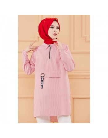 Tunique style moderne pour femme (Vêtement hijab en ligne) - Rayures couleur rouge 
