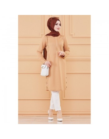 Tunique boutonnée style habillé pour femme (Vêtement chic pour hijab) - Couleur beige 