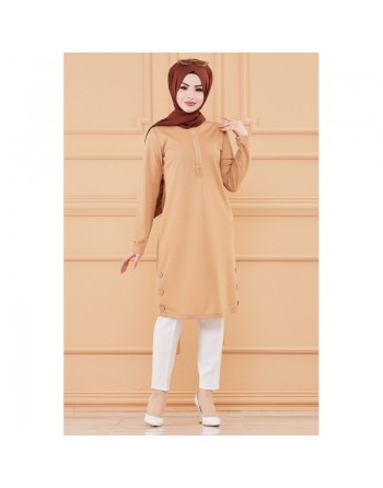 Tunique boutonnée style habillé pour femme (Vêtement chic pour hijab) - Couleur beige 