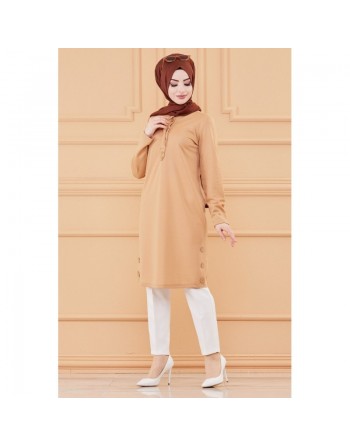 Tunique boutonnée style habillé pour femme (Vêtement chic pour hijab) - Couleur beige 
