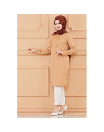 Tunique boutonnée style habillé pour femme (Vêtement chic pour hijab) - Couleur beige 