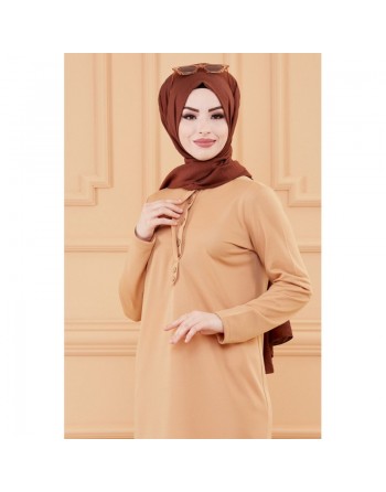 Tunique boutonnée style habillé pour femme (Vêtement chic pour hijab) - Couleur beige 