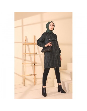 Tunique à carreaux (Vêtement Hijab Automne-Hiver) - Couleur anthracite avec rayures vertes 