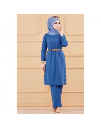 Ensemble tunique à boutons et pantalon assorti pour femme - Couleur bleu indigo 