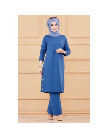 Ensemble tunique à boutons et pantalon assorti pour femme - Couleur bleu indigo 