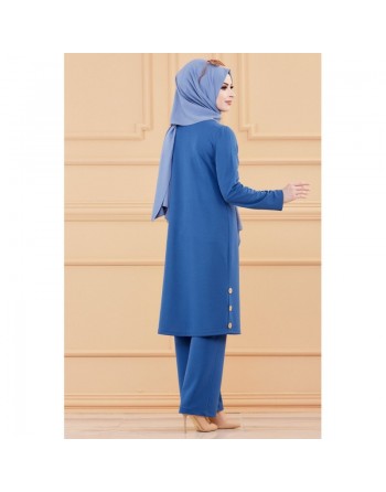 Ensemble tunique à boutons et pantalon assorti pour femme - Couleur bleu indigo 