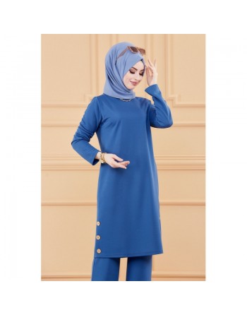 Ensemble tunique à boutons et pantalon assorti pour femme - Couleur bleu indigo 