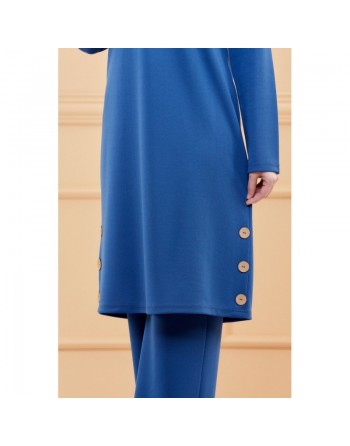 Ensemble tunique à boutons et pantalon assorti pour femme - Couleur bleu indigo 