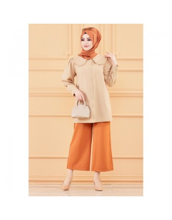 Tunique-chemise style classique pour femme (Tenue hijab nouveauté) - Couleur beige 