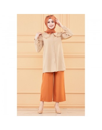 Tunique-chemise style classique pour femme (Tenue hijab nouveauté) - Couleur beige 
