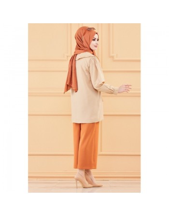 Tunique-chemise style classique pour femme (Tenue hijab nouveauté) - Couleur beige 