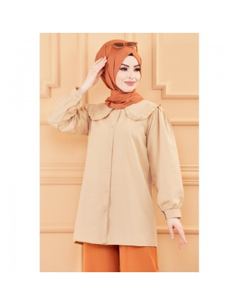 Tunique-chemise style classique pour femme (Tenue hijab nouveauté) - Couleur beige 