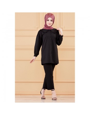 Tunique-chemise style classique pour femmes (Vêtements Chic Modèles Hijab - Mode musulmane) - Couleur noir 