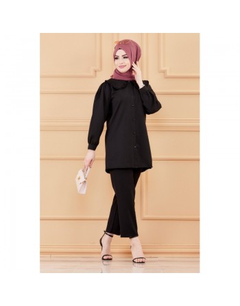 Tunique-chemise style classique pour femmes (Vêtements Chic Modèles Hijab - Mode musulmane) - Couleur noir 