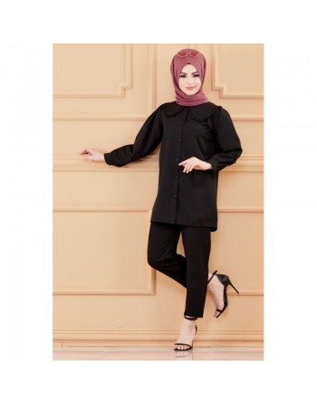 Tunique-chemise style classique pour femmes (Vêtements Chic Modèles Hijab - Mode musulmane) - Couleur noir 