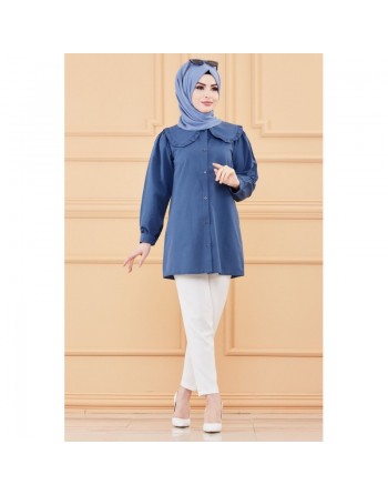 Tunique-chemise style habillé pour femmes (Vêtements chic hijab) - Couleur bleu pétrole 