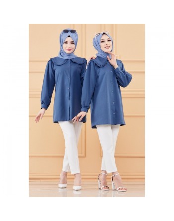 Tunique-chemise style habillé pour femmes (Vêtements chic hijab) - Couleur bleu pétrole 