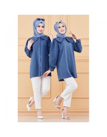 Tunique-chemise style habillé pour femmes (Vêtements chic hijab) - Couleur bleu pétrole 