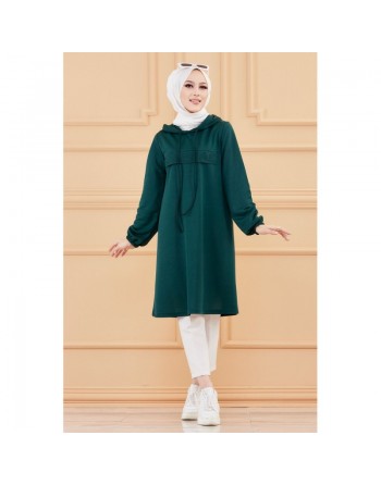 Tunique avec strass et capuche (Tenue décontractée moderne pour femme voilée) - Couleur vert émeraude 