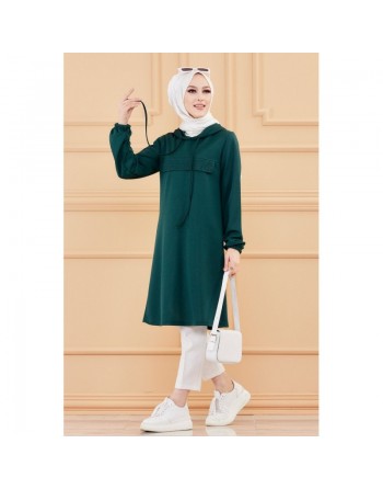 Tunique avec strass et capuche (Tenue décontractée moderne pour femme voilée) - Couleur vert émeraude 