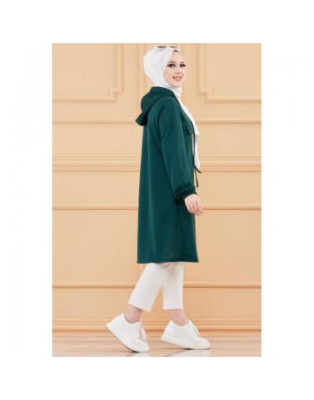 Tunique avec strass et capuche (Tenue décontractée moderne pour femme voilée) - Couleur vert émeraude 