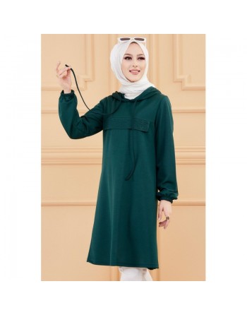 Tunique avec strass et capuche (Tenue décontractée moderne pour femme voilée) - Couleur vert émeraude 