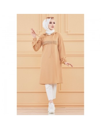 Tunique avec strass et capuche (Vêtement hidjab décontracté moderne pour femme musulmane) - Couleur vison 