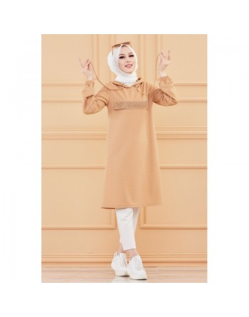 Tunique avec strass et capuche (Vêtement hidjab décontracté moderne pour femme musulmane) - Couleur vison 