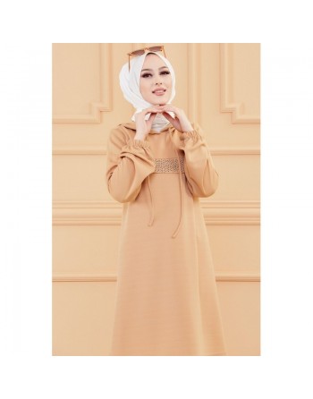 Tunique avec strass et capuche (Vêtement hidjab décontracté moderne pour femme musulmane) - Couleur vison 