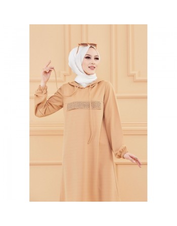 Tunique avec strass et capuche (Vêtement hidjab décontracté moderne pour femme musulmane) - Couleur vison 