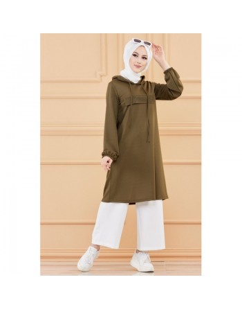 Tunique style décontracté avec strass et capuche (Vêtements modernes pour jeunes musulmanes) - Couleur kaki 