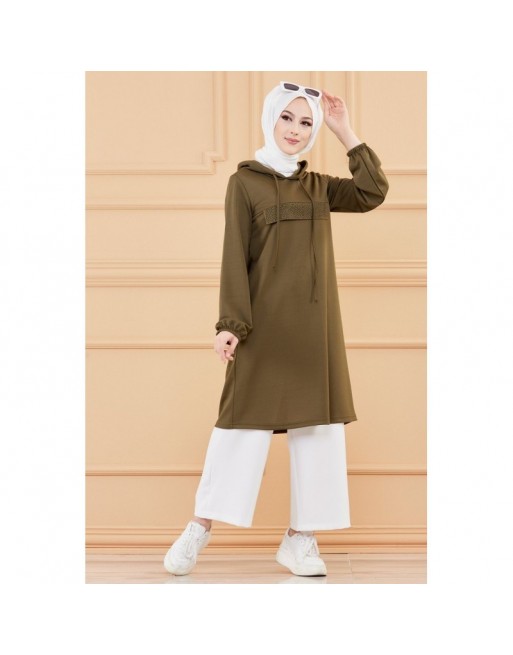 Tunique style décontracté avec strass et capuche (Vêtements modernes pour jeunes musulmanes) - Couleur kaki Tunique style décontracté avec strass et capuche (Vêtements modernes pour jeunes musulmanes) - Couleur kaki