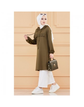 Tunique style décontracté avec strass et capuche (Vêtements modernes pour jeunes musulmanes) - Couleur kaki 