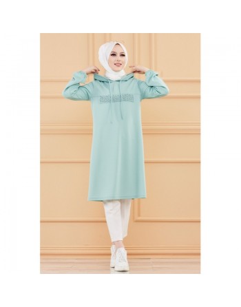 Tunique avec strass et capuche (Vêtement décontracté moderne pour jeune musulmane) - Couleur menthe 