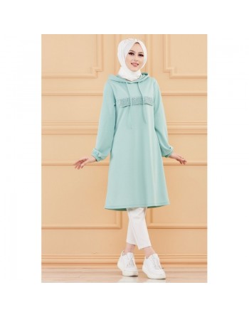 Tunique avec strass et capuche (Vêtement décontracté moderne pour jeune musulmane) - Couleur menthe 