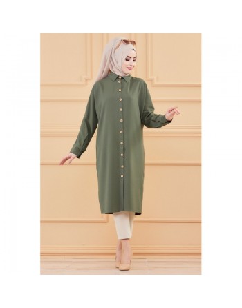 Tunique longue - Chemise boutonnée ample (Vêtements femme pour Hijab) - Couleur kaki 